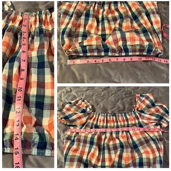 JCrew Smocked Cotton Crop Top Summer Madras Plaid Checkered Orange Blue S - Picture 11 of 11